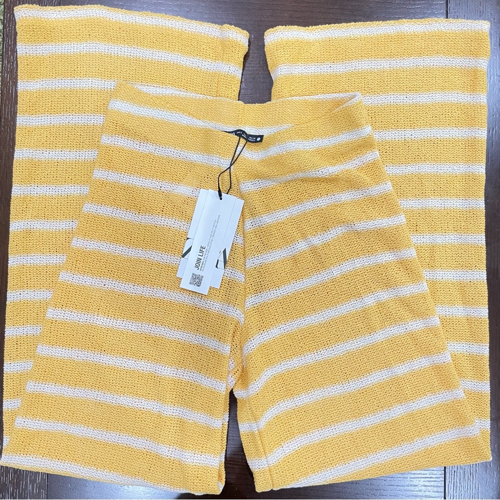 NWT Zara Crochet Knit Yellow White Wide Leg Striped Pants Trousers